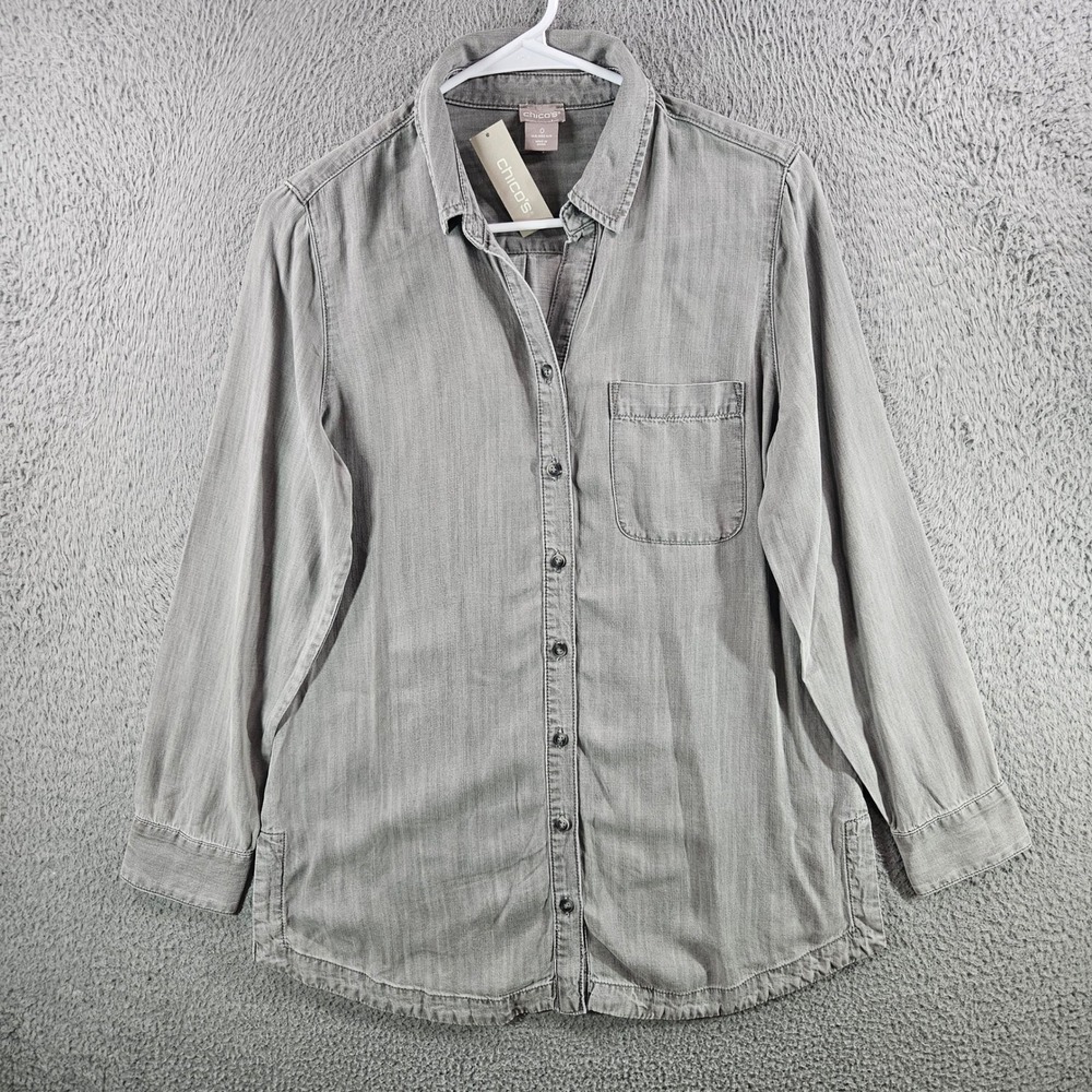 NEW Chico's Long Denim Shirt Moonstone Gray Lyocell Top Size 0 US Size 4/6